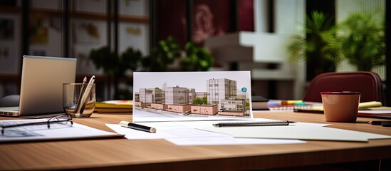 A photo with a planning note is placed on top of a desk in a workspace office copy space image