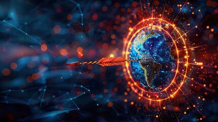Obraz premium Abstract digital planet Earth and target with bow arrow in a bullseye.
