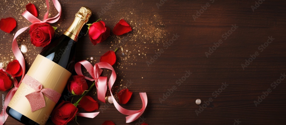 Poster a high quality photo of a valentine s day or christmas greeting card featuring a champagne bottle an