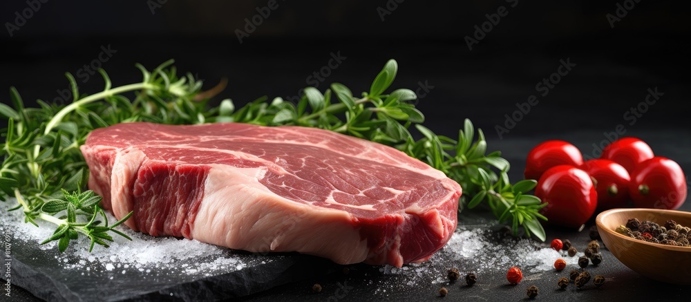 Poster the ingredients for cooking include fresh raw pork meat seasoned with salt pepper and arugula displa