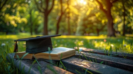Graduation cap carefully set on an open book lying on a park bench in a university garden - obrazy, fototapety, plakaty