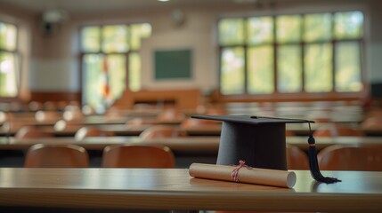 A neatly placed graduation cap and diploma scroll on a wooden lecture podium in an empty classroom
