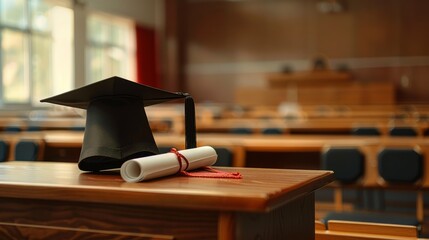 A neatly placed graduation cap and diploma scroll on a wooden lecture podium in an empty classroom - obrazy, fototapety, plakaty