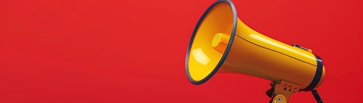Make some noise! A yellow megaphone isolated on a red background.