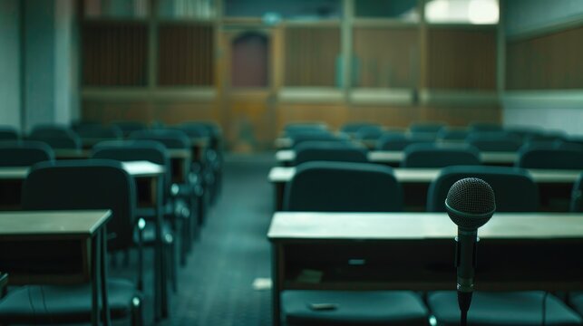 The speaker s microphone sits abandoned in a deserted conference or seminar room