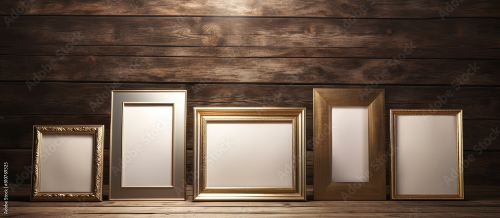 Poster Decorative photo frames arranged on a wooden table adding an aesthetic touch to the surrounding area The composition provides ample copy space for images