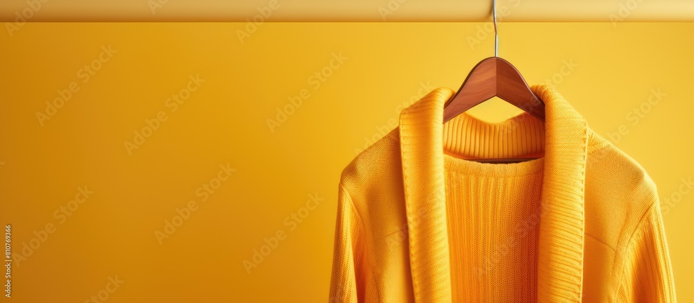 Poster a closeup of a yellow sweater hanging on a hanger with copy space image