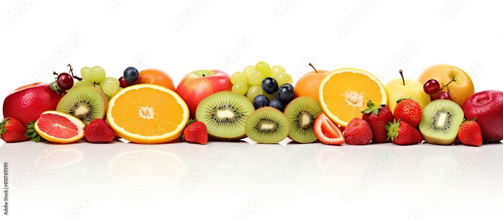 Poster A vibrant assortment of various sliced fruits perfectly arranged on a pure white background for a visually striking copy space image