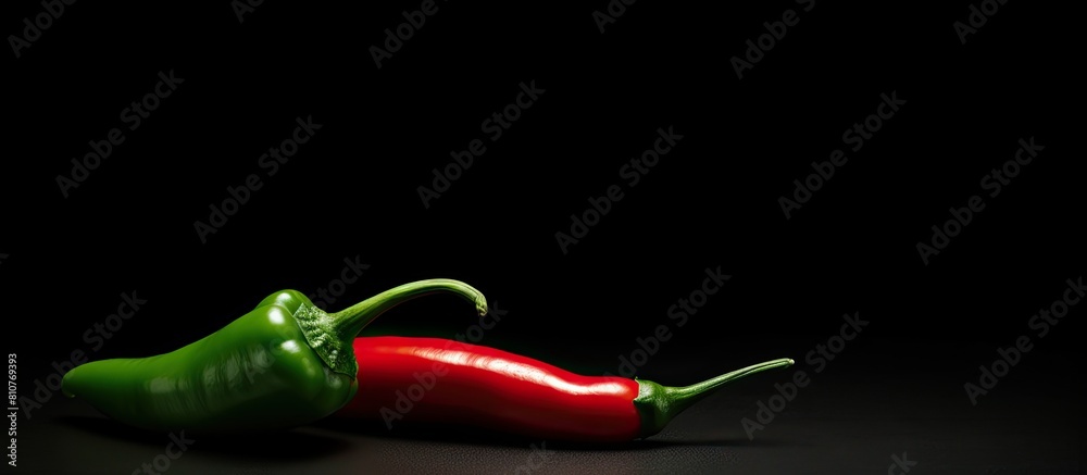 Poster copy space image of red and green chilli placed on a sleek black table