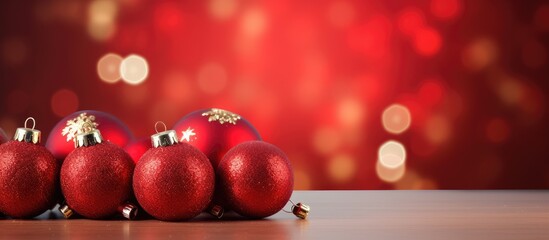 Festive decorations include beautiful red balls beads and a Christmas background with copy space image