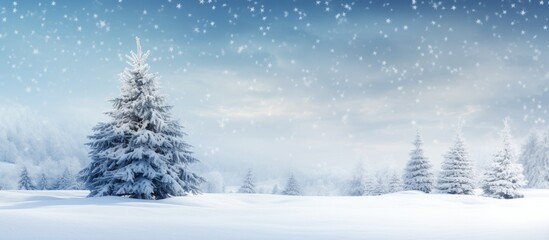 A serene winter scene of a Christmas tree decorated with snow covered fir branches creating a frosty wonderland The background features gentle snowflakes adding to the calm ambiance of the upcoming N