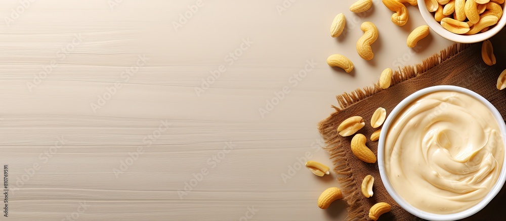 Aufkleber A small bowl of creamy peanut pasta on a table with a background of peanuts and peanut butter Top view with copy space image