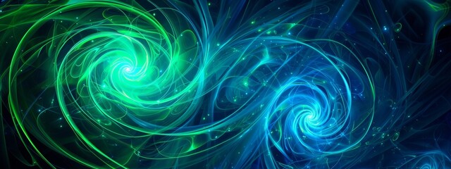 Fototapeta premium Abstract background with blue and green glowing swirls, resembling the inside of a wormhole or black hole.