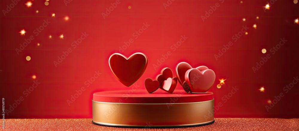 Aufkleber A bright red background with a red podium holds two golden hearts creating a Valentine s Day celebration concept Copy space image