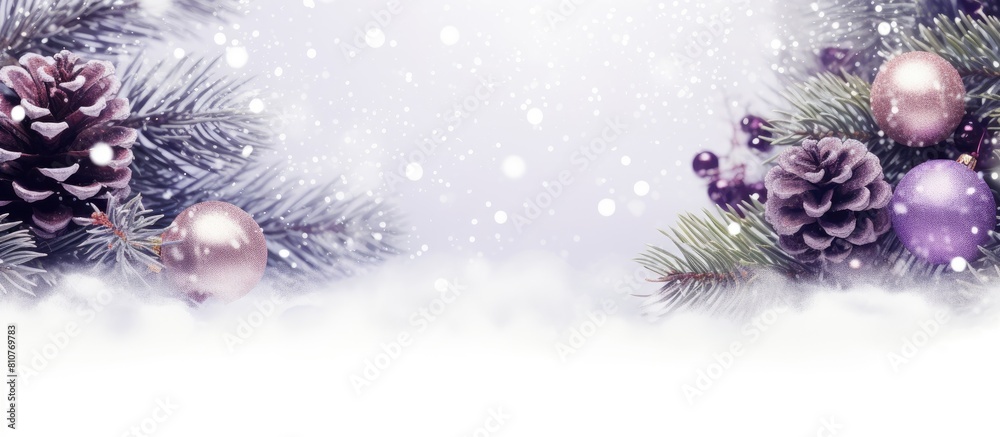 Poster Festive header with a snowy frame of purple Christmas decorations and pine twigs creating a holiday background with copy space image