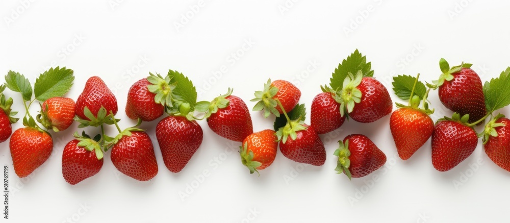 Poster a copyspace image featuring fresh natural strawberries on a white background leaving space for text.