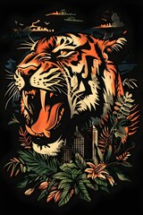 Fierce Tiger Prowling in Urban Jungle Streetwear Design with Graffiti Cityscapes and Wildlife