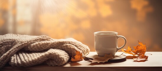 Copy space image of a cozy autumn scene featuring a warm plaid a cup of coffee and a book representing the cozy and hygge concept of a comfortable home during the autumn season