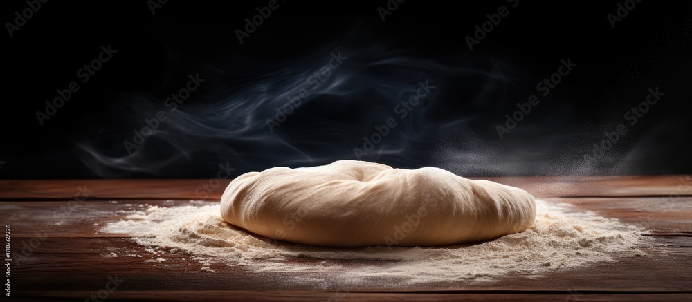 Aufkleber a wooden dough roll is being used to efficiently flatten and roll out the light dough on a dark kitc