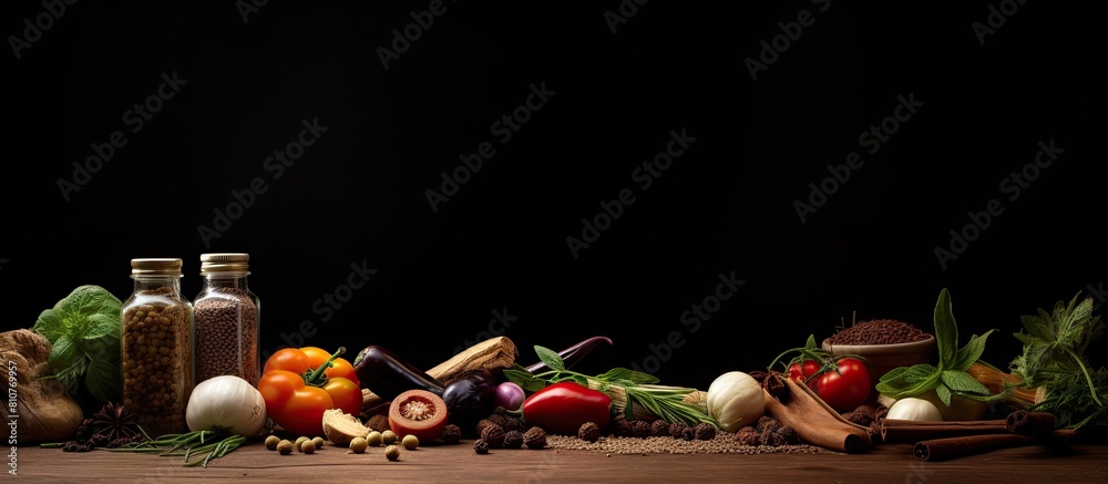 Poster A close up shot of food ingredients on an oak table creating a visually appealing copy space image
