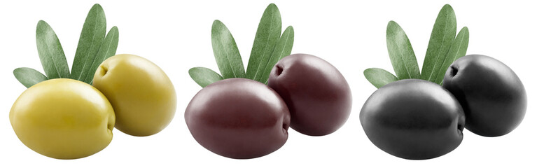 Set of delicious olives with leaves, cut out