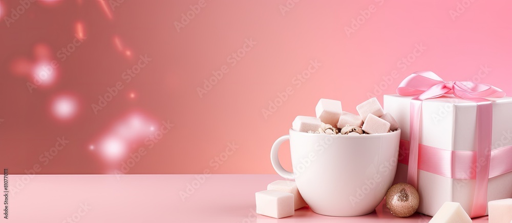 Poster a lovely holiday present accompanied by a steaming cup of marshmallows with a festive pink backgroun