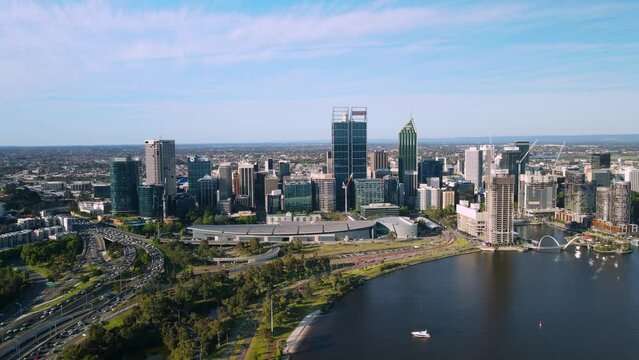 Aerial View Of Perth Convention And Exhibition Centre On Mounts Bay Road In Perth Western Australia.