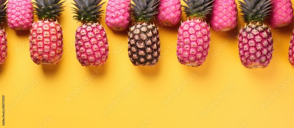 Poster A flat lay top view shows a pattern of sliced pineapples on a pink background in the copy space image