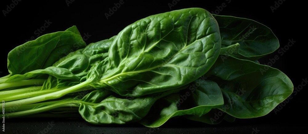 Poster A vibrant image of fresh green spinach set against a dark black background creating ample copy space This evokes a sense of a healthy and nutritious diet