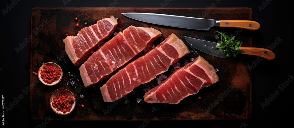 Poster There is a top down view of slices of fried tuna steak placed on a meat cleaver against a black background There is empty space for adding an image. Creative banner. Copyspace image