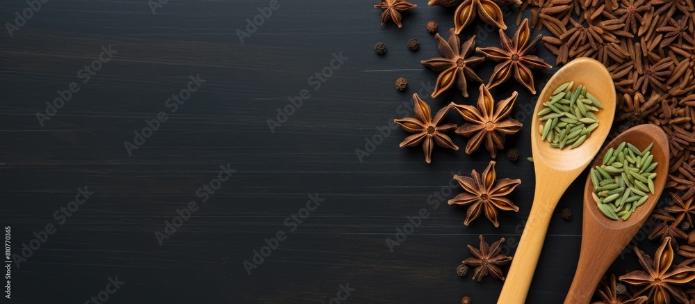 Poster a group of star anise with seeds is displayed on a green background along with anise in a wooden spo