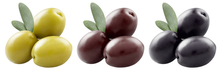 Set of delicious olives with leaves, cut out