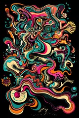 Mesmerizing Psychedelic Artwork with Swirling Patterns and Surreal Imagery on a Black Background