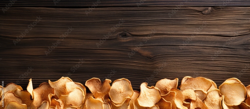 Poster an organic natural food consisting of dried apple chips is beautifully presented in a close up top v
