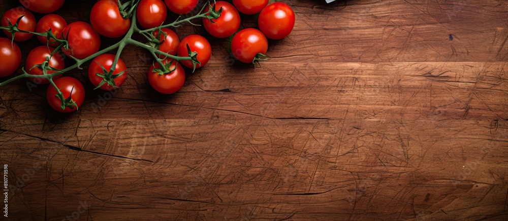 Poster A from above perspective of a cutting board with cherry tomatoes and a knife with ample empty space in the background for copy space image