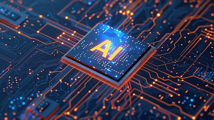 artificial intelligence chip with glowing blue "AI" text on circuit board background.