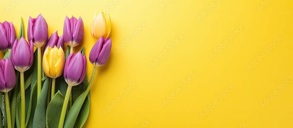 Poster a copy space image showcasing a vibrant backdrop filled with yellow and violet tulip bouquets
