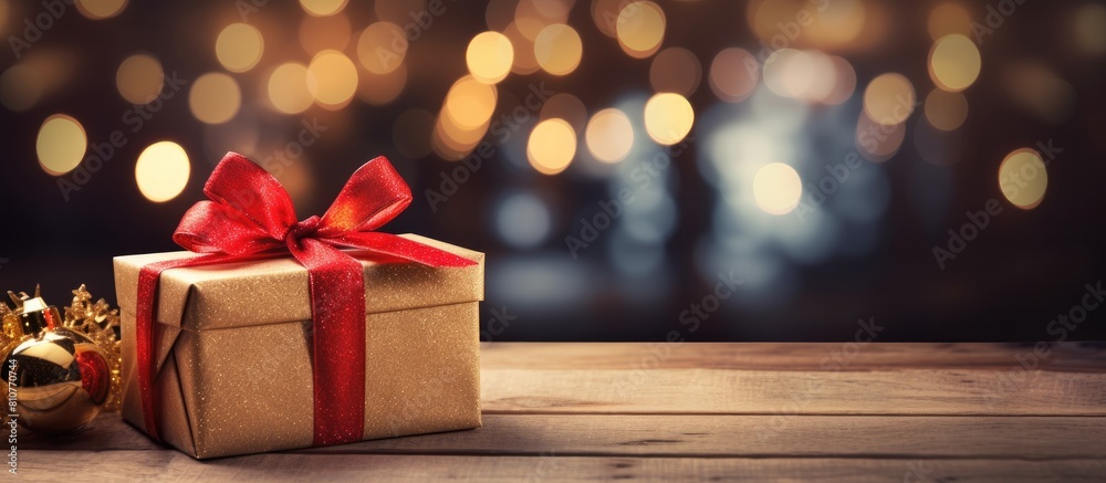 Poster a copy space image featuring a festive christmas gift box adorned with a vibrant red ribbon resting 