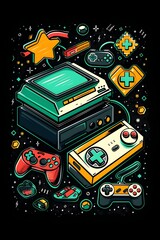 Retro Gaming Console with Classic Controllers and Pixel Art on Black Background