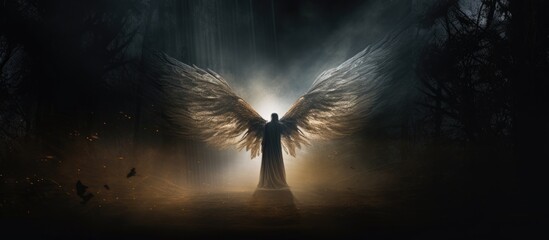A guardian angel hovering against a backdrop of dark wood with ample copy space in the image - Powered by Adobe