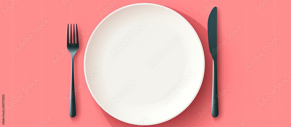 Aufkleber A top down view of a white round ceramic plate on a pink background with a fork and knife elegantly positioned alongside it creating a captivating copy space image