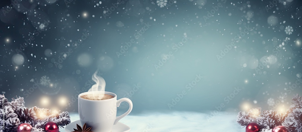 Poster A delightful top down view of a Christmas themed background featuring a steaming mug of hot cocoa adorned with fluffy marshmallows with plenty of empty space for additional content
