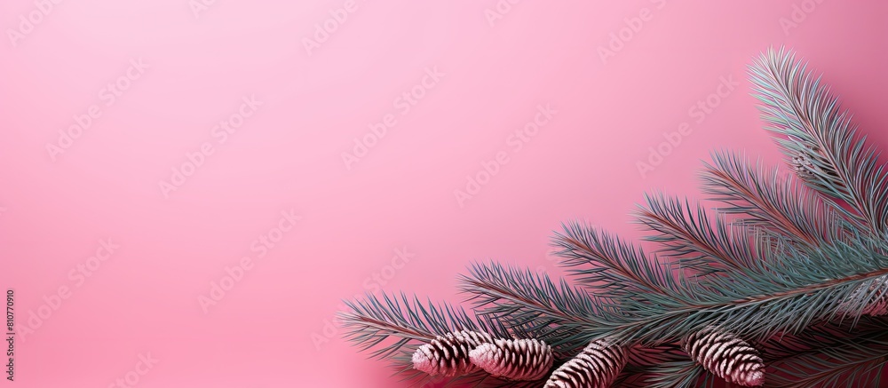 Poster a festive composition featuring a decorated fir branch on a pink background providing a copy space i