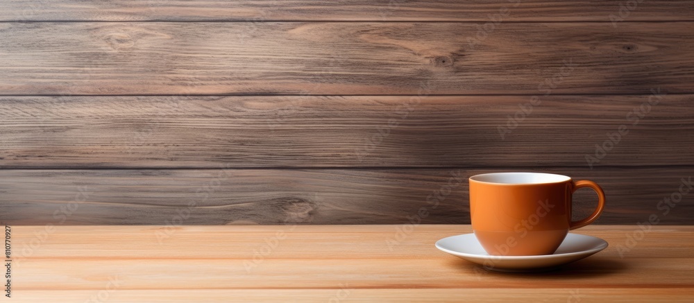 Poster A cup of tea is placed on a wooden table creating a peaceful image with ample empty space around it for copy