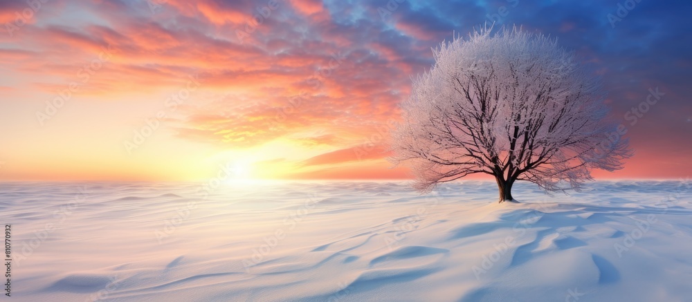 Poster A mesmerizing winter sunset creating a breathtaking scene over a snow covered field is captured in the copy space image