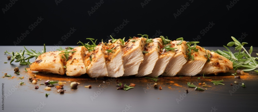 Poster A light and nutritious option for a low calorie diet this thinly sliced chicken breast is seasoned with cooking spices It is presented on a gray background providing copy space for additional element
