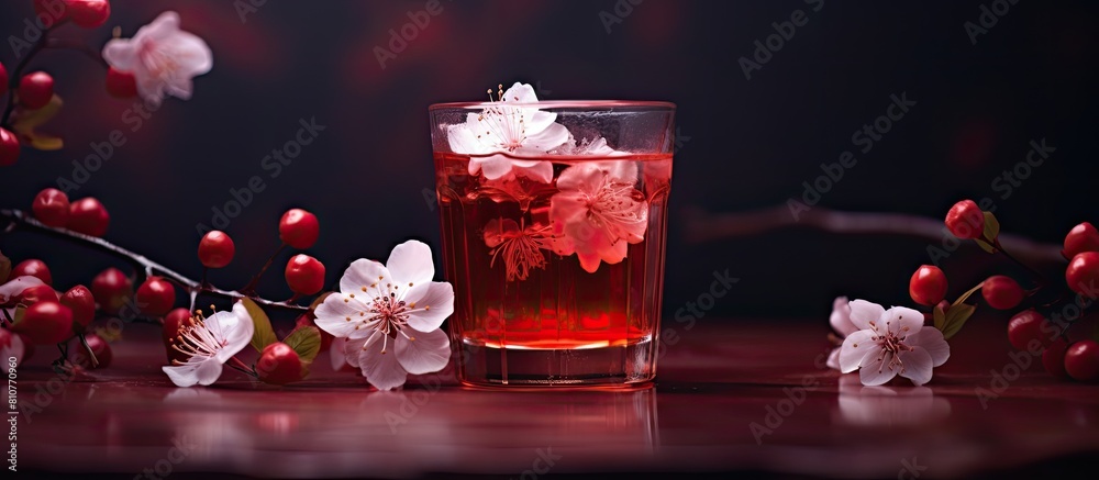 Poster A crimson colored drink adorned with delicate blossoms perfect for capturing the essence of nature in a captivating copy space image