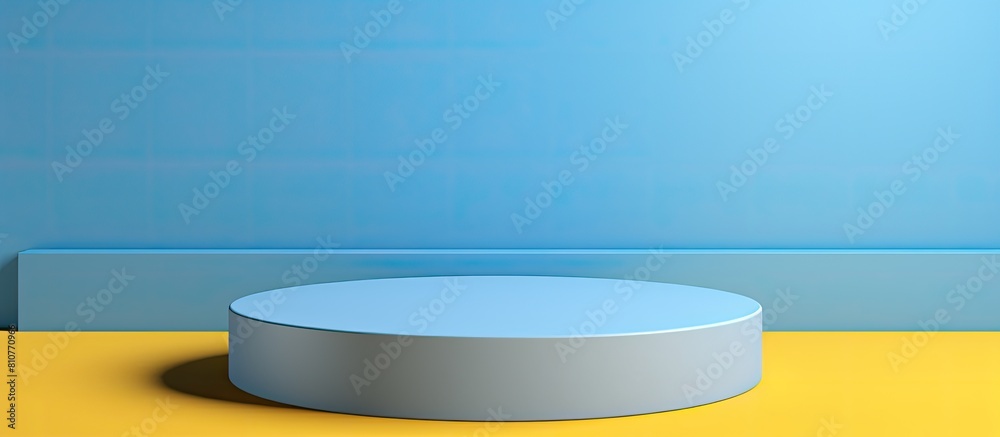 Poster A light blue podium platform sits on a blue and yellow background resembling a blank round geometric shape The image is a top view designed for product display purposes and the background features an