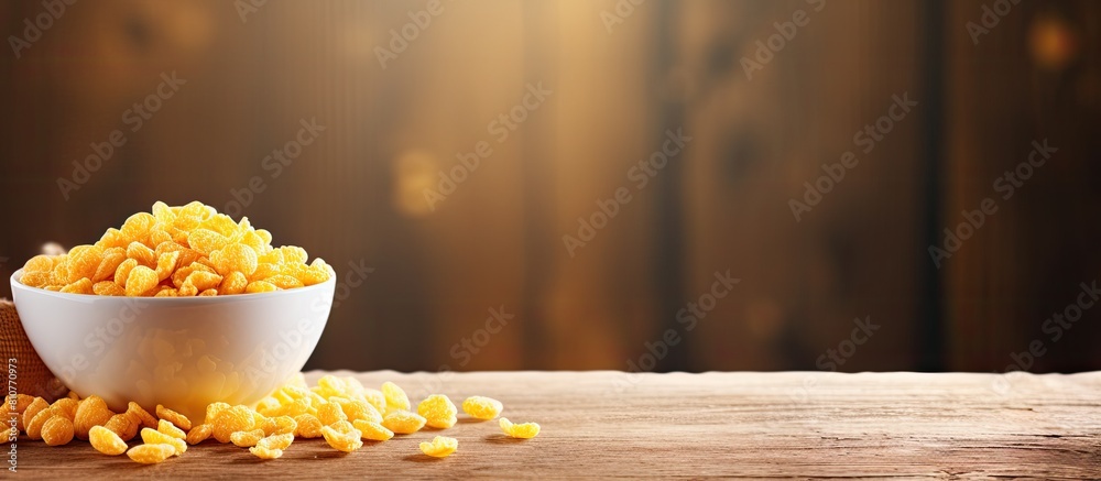 Poster closeup of a delicious and crunchy bowl of corn flakes topped with milk and blueberries displayed on