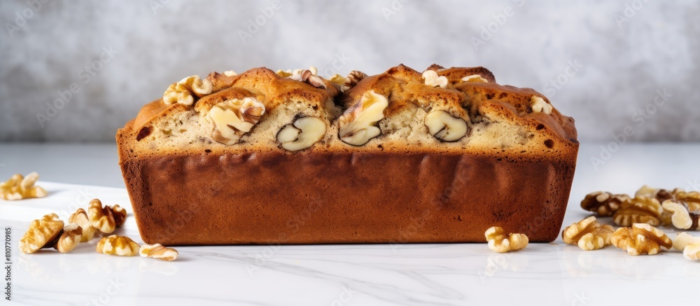 Leinwandbilder a sliced banana bread with walnuts arranged on a marble surface top view providing room for design o